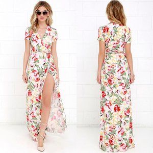 Lulu's Vine Art Ivory Floral Print Wrap Maxi Dress